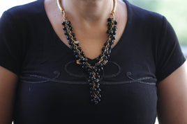 BLACK GOLD Y necklace, Black Crystals Beaded necklace, Statement Large Necklace,Evening Long necklace, Bunch of grapes necklace for Cocktail