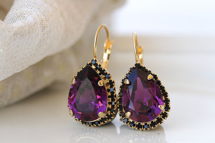 PURPLE EARRINGS, Ametyst Crystal Wedding, Dark Purple Drop Ring Earrings, Gold Purple Black Earrings, Woman Formal Jewelry,Teardrop Earrings