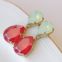 Coral Mint Earrings, Statement Red Mint Opal Drop Earrings, Coral Crystal Earrings,Teardrop Green Mint Opal Bridal Dangle Christmas Earrings