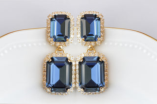 NAVY BLUE EARRINGS, Dark Blue Wedding Earrings, Long Blue Earrings, Blue Gold Crystal Earrings, Art Deco Earrings, Vintage Bride Chandeliers