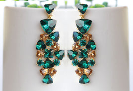 EMERALD GOLD EARRINGS, Dark Green Statement Long Chandelier Earrings For Evening, Mother Of The Groom Earrings, Bridal Wedding Big Earrings