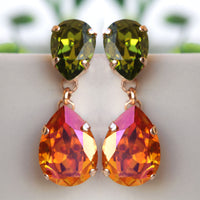 ORANGE GREEN Earrings, Coral Olive Green Earrings, Persimmon Color Earrings, Tangerine Drop Long Earrings, Bridal Earrings, Gift For Woman