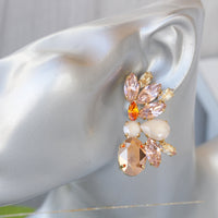 ROSE GOLD EARRINGS, Statement Earrings, Pink Morganite Crystal Earrings, Bridal Cluster Earrings, Evening Earrings,Cream Ivory Nude Earrings