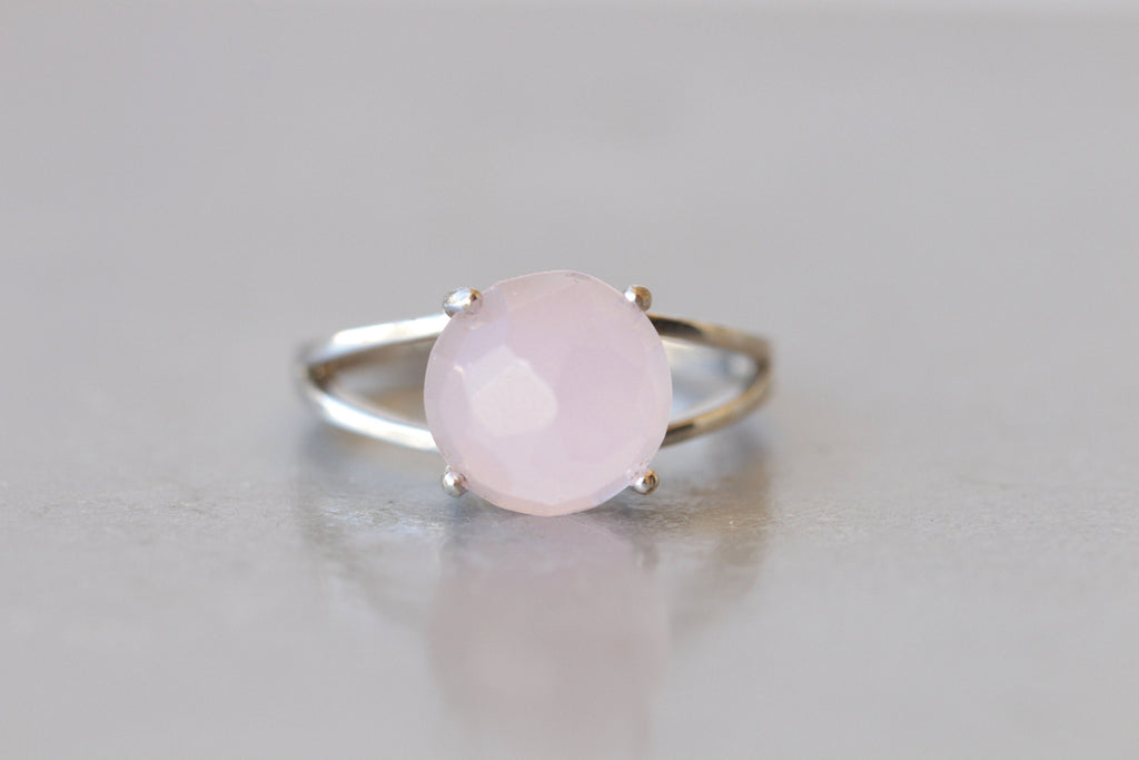 Three Stone Pink Rose Quartz Crystal Ring in Solid Sterling Silver- De