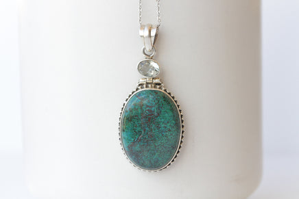 Eilat Stone Necklace, King Solomon Green Stone Silver sterling Necklace gift, Copper Mineral Turquoise Natural Gemstone Pendant and crystal