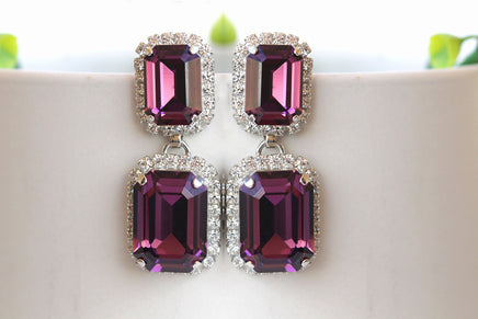 PURPLE EARRINGS, Chandelier Bridal Wedding Earrings, Formal Art Deco Earrings, Amethyst Crystal Earrings, Drop And Studs Square Earrings