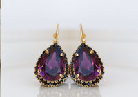 PURPLE EARRINGS, Ametyst Crystal Wedding, Dark Purple Drop Ring Earrings, Gold Purple Black Earrings, Woman Formal Jewelry,Teardrop Earrings