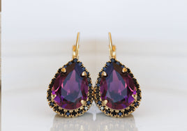 PURPLE EARRINGS, Ametyst Crystal Wedding, Dark Purple Drop Ring Earrings, Gold Purple Black Earrings, Woman Formal Jewelry,Teardrop Earrings