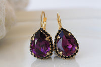 PURPLE EARRINGS, Ametyst Crystal Wedding, Dark Purple Drop Ring Earrings, Gold Purple Black Earrings, Woman Formal Jewelry,Teardrop Earrings