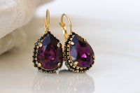 PURPLE EARRINGS, Ametyst Crystal Wedding, Dark Purple Drop Ring Earrings, Gold Purple Black Earrings, Woman Formal Jewelry,Teardrop Earrings