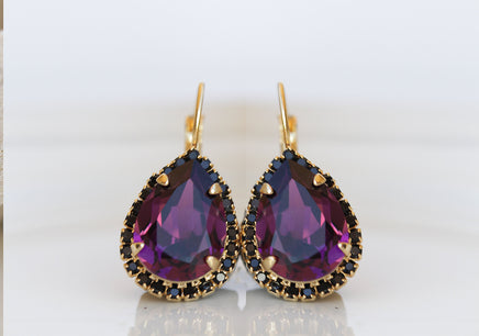 PURPLE EARRINGS, Ametyst Crystal Wedding, Dark Purple Drop Ring Earrings, Gold Purple Black Earrings, Woman Formal Jewelry,Teardrop Earrings