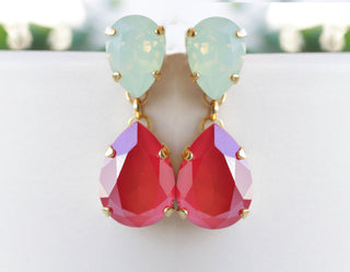 Coral Mint Earrings, Statement Red Mint Opal Drop Earrings, Coral Crystal Earrings,Teardrop Green Mint Opal Bridal Dangle Christmas Earrings