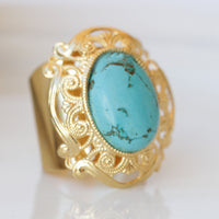 Large Genuine turquoise Ring, Filigree Big Ring, Estate jewelry gift for her, Blue Ring and earring Set,Statement Chunky Gold Turquoise Ring