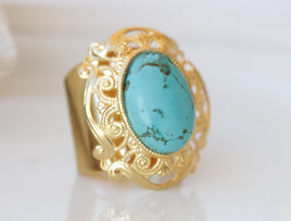 Large Genuine turquoise Ring, Filigree Big Ring, Estate jewelry gift for her, Blue Ring and earring Set,Statement Chunky Gold Turquoise Ring