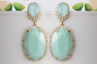 MINT GREEN EARRINGS, Evening Earrings, Chandelier Statement Earrings, Light Green Formal Earrings For The Bride, Oversized  Earring Gift