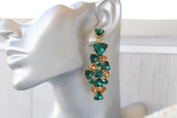 EMERALD GOLD EARRINGS, Dark Green Statement Long Chandelier Earrings For Evening, Mother Of The Groom Earrings, Bridal Wedding Big Earrings