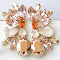 ROSE GOLD EARRINGS, Statement Earrings, Pink Morganite Crystal Earrings, Bridal Cluster Earrings, Evening Earrings,Cream Ivory Nude Earrings