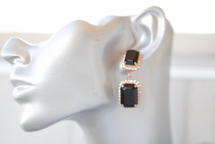 BLACK EARRINGS, Jet Black Formal Wedding Earrings, Long Earrings, Rose Gold And Black Earrings, Art Deco Earrings, Vintage Bride Chandeliers