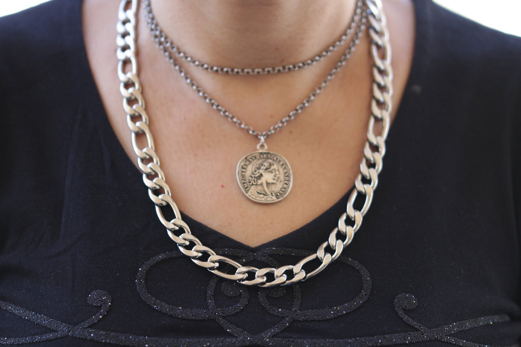 COIN NECKLACE, Silver Coin Chunky Necklace, Medallion Necklace, Statement Large Layered necklace, 3 Necklace Jewelry, Lariat Necklace Gift