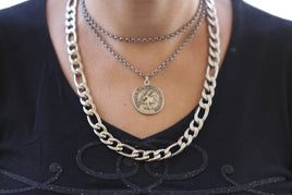 COIN NECKLACE, Silver Coin Chunky Necklace, Medallion Necklace, Statement Large Layered necklace, 3 Necklace Jewelry, Lariat Necklace Gift