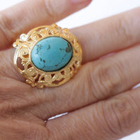 Large Genuine turquoise Ring, Filigree Big Ring, Estate jewelry gift for her, Blue Ring and earring Set,Statement Chunky Gold Turquoise Ring