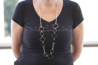 LONG STATEMENT NECKLACE, Women Chunky Silver Black Onyx And Hematite Chain Necklace, Chunky link necklace,  Circle Hoops Geometric necklace