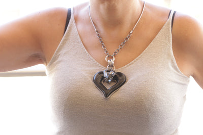 HEART NECKLACE,Heart Statement Long Necklace, Black Heart And Silver Necklace, Crystals Black and Gray Large Pendant Necklace, Unique Gift