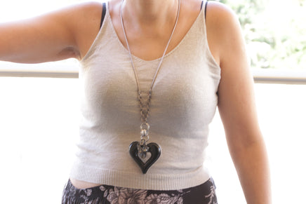 HEART NECKLACE,Heart Statement Long Necklace, Black Heart And Silver Necklace, Crystals Black and Gray Large Pendant Necklace, Unique Gift