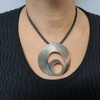 Extra Large Spiral pendant Necklace, Choker Silver Necklace With Big O Pendant,  bohemian Necklaces, Black leather Necklace, boho jewelry