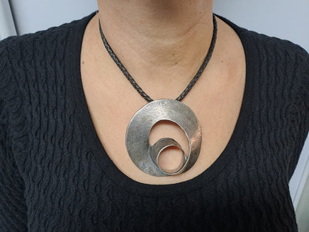 Extra Large Spiral pendant Necklace, Choker Silver Necklace With Big O Pendant,  bohemian Necklaces, Black leather Necklace, boho jewelry