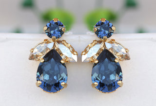 NAVY Blue Champagne EARRINGS, Blue Navy Bridesmaid Studs, Elegant Cluster Earrings For Bridal Wedding, Dark Blue and Gold Cocktail Earrings
