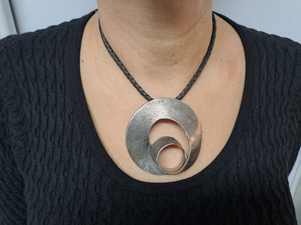 Extra Large Spiral pendant Necklace, Choker Silver Necklace With Big O Pendant,  bohemian Necklaces, Black leather Necklace, boho jewelry