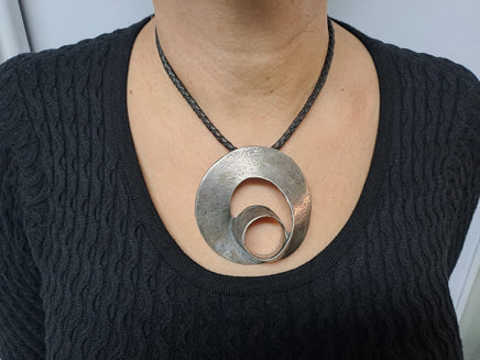 Extra Large Spiral pendant Necklace, Choker Silver Necklace With Big O Pendant,  bohemian Necklaces, Black leather Necklace, boho jewelry