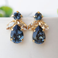 NAVY Blue Champagne EARRINGS, Blue Navy Bridesmaid Studs, Elegant Cluster Earrings For Bridal Wedding, Dark Blue and Gold Cocktail Earrings