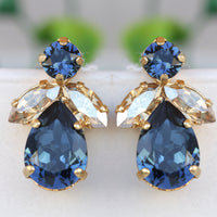 NAVY Blue Champagne EARRINGS, Blue Navy Bridesmaid Studs, Elegant Cluster Earrings For Bridal Wedding, Dark Blue and Gold Cocktail Earrings