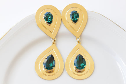 EMERALD BRIDAL EARRINGS, Dark Green Wedding Earrings, Teardrop Formal Earrings, Gold Green Statement Earrings, Mother Of The bride Or Groom