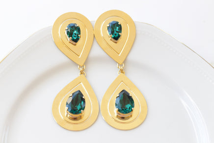 EMERALD BRIDAL EARRINGS, Dark Green Wedding Earrings, Teardrop Formal Earrings, Gold Green Statement Earrings, Mother Of The bride Or Groom