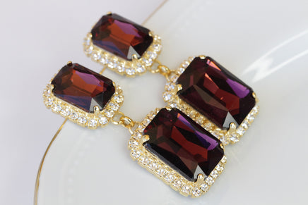 BURGUNDY EARRINGS, Gold Formal Chandelier Earrings, Drop Earrings, Wine Color Earrings, Square Dark Red Earrings, Jewelry For Evening