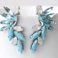 TURQUOISE OPAL EARRINGS, Vintage Stud earrings, Aquamarine Crystal Wedding jewelry, White Opal and Blue Earrings, Cluster Bridal Earrings