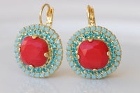 CORAL And Turquoise earrings, Anniversary jewelry, Red And Blue earrings gold, Bridal blue earrings, Drop Earrings For The Wife, Xmas Gift