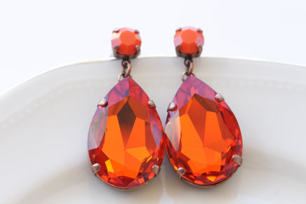 ORANGE EARRINGS, Chandelier Prom Earrings. Mother Of Brides Summer Wedding Earrings, Statement Large Earrings, Evening Hot Orange Jewelry