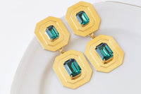 EMERALD LARGE EARRINGS, Dark Green Evening Earrings, Square Formal Earrings, Gold Green Statement Earrings, Mother Of The bride Or Groom