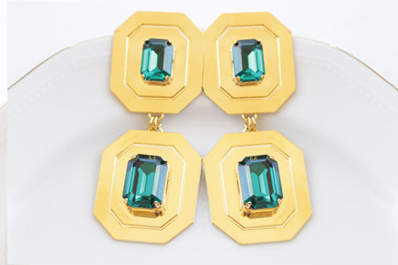 EMERALD LARGE EARRINGS, Dark Green Evening Earrings, Square Formal Earrings, Gold Green Statement Earrings, Mother Of The bride Or Groom