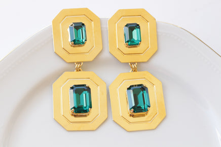 EMERALD LARGE EARRINGS, Dark Green Evening Earrings, Square Formal Earrings, Gold Green Statement Earrings, Mother Of The bride Or Groom