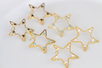 GOLD STAR EARRINGS, Rhinestone Crystal earrings, Minimalist Wedding jewelry, Dainty Star Stud Earrings,Black Earring, Turquoise Star Earring