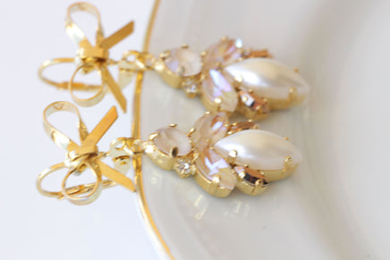 IVORY PEARL EARRINGS, Drop Gold Champagne Wedding, Bow Dangle Earrings, Gold Long Earrings, Estate Brides Earrings, Ivory Nude Earrings Gift