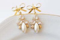 IVORY PEARL EARRINGS, Drop Gold Champagne Wedding, Bow Dangle Earrings, Gold Long Earrings, Estate Brides Earrings, Ivory Nude Earrings Gift