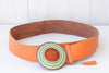 ORANGE LEATHER BELT, Boho Leather belt, Wide leather belt, Chunky Buckle Belt, Cognac Brown Belt, Green Peridot Circle Buckle, Women's Belt