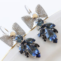 NAVY BLUE EARRINGS, Dark Blue Topaz Wedding Earrings, Bow Drop Earrings, Custom Earrings, Estate Brides Earrings, Leverback Earrings Gift