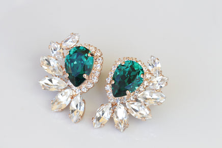 EMERALD GREEN EARRINGS, Bridal Dark Green Studs, Cluster Crystals Earrings, Jewelry of Brides, Wedding Bridesmaid Gift, Evening Earrings